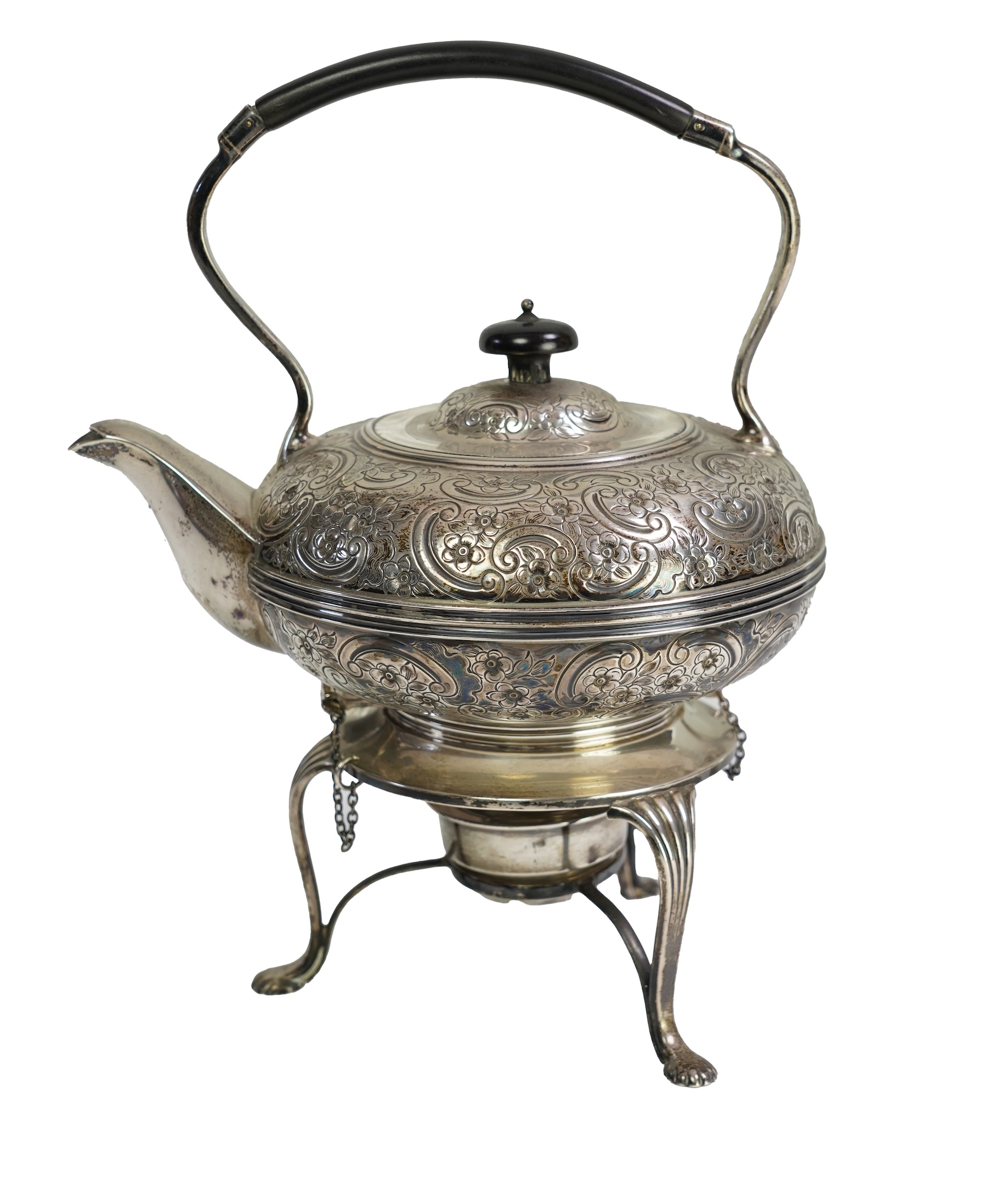 A George V silver spirit kettle, on stand with burner, by Fordham & Faulkner